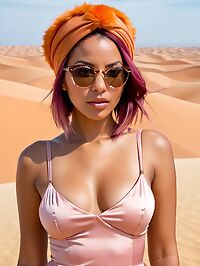 Caribbean woman with burgundy hair and pink dress sunbathes at the Sahara Dunes in Morocco