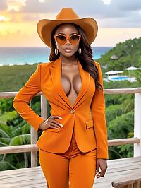 A beautiful Nigerian woman wears an orange suit at sunset in Barbados