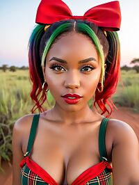 A young woman with rainbow hair takes off her top in the park's evening light